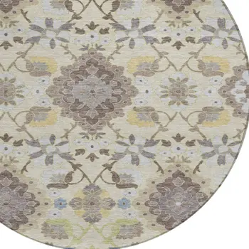 8' Ivory Brown And Green Round Oriental Washable Indoor Outdoor Area Rug