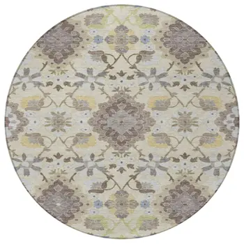 8' Ivory Brown And Green Round Oriental Washable Indoor Outdoor Area Rug