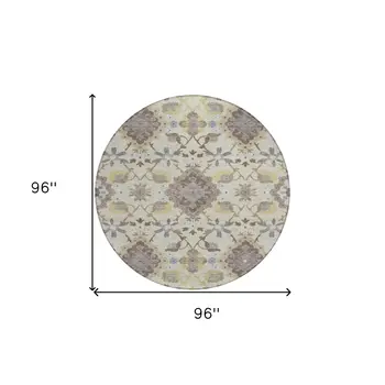 8' Ivory Brown And Green Round Oriental Washable Indoor Outdoor Area Rug