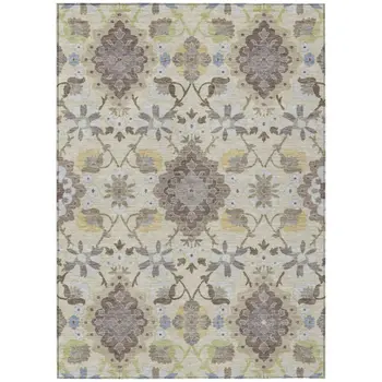 8' X 10' Ivory Brown And Green Oriental Washable Indoor Outdoor Area Rug