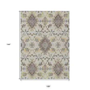 9' X 12' Ivory Brown And Green Oriental Washable Indoor Outdoor Area Rug