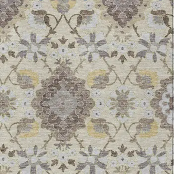9' X 12' Ivory Brown And Green Oriental Washable Indoor Outdoor Area Rug