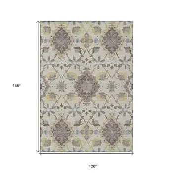 10' X 14' Ivory Brown And Green Oriental Washable Indoor Outdoor Area Rug