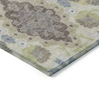 10' X 14' Ivory Brown And Green Oriental Washable Indoor Outdoor Area Rug