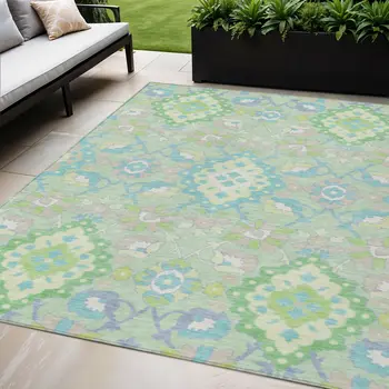 5' X 8' Mint Green Blue And Ivory Oriental Washable Indoor Outdoor Area Rug