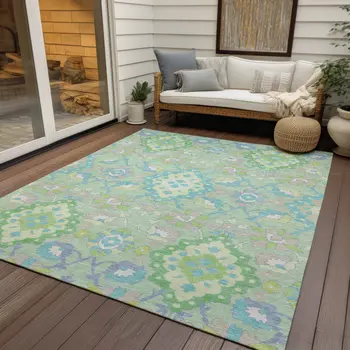 5' X 8' Mint Green Blue And Ivory Oriental Washable Indoor Outdoor Area Rug