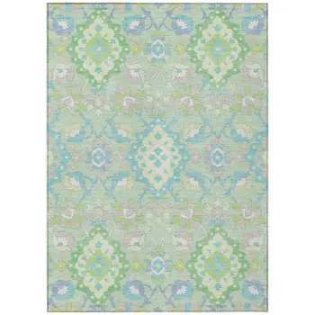 5' X 8' Mint Green Blue And Ivory Oriental Washable Indoor Outdoor Area Rug