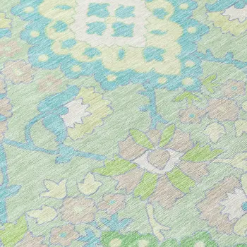 5' X 8' Mint Green Blue And Ivory Oriental Washable Indoor Outdoor Area Rug