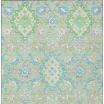 10' X 14' Mint Green Blue And Ivory Oriental Washable Indoor Outdoor Area Rug