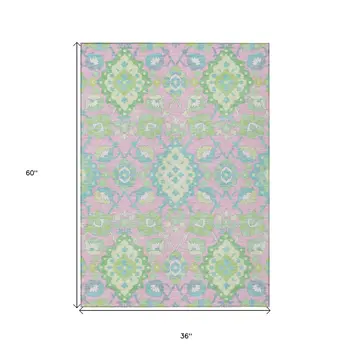 3' X 5' Pink Green And Blue Oriental Washable Indoor Outdoor Area Rug