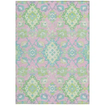 5' X 8' Pink Green And Blue Oriental Washable Indoor Outdoor Area Rug