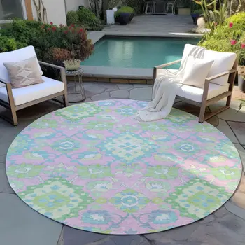 8' Pink Green And Blue Round Oriental Washable Indoor Outdoor Area Rug