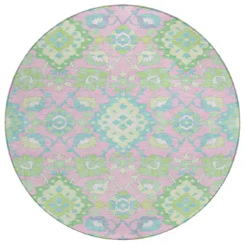 8' Pink Green And Blue Round Oriental Washable Indoor Outdoor Area Rug