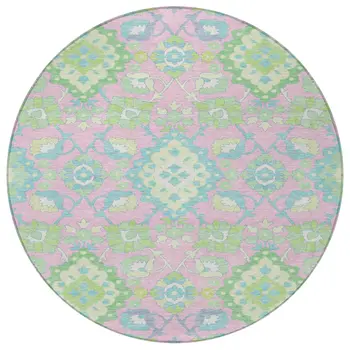 8' Pink Green And Blue Round Oriental Washable Indoor Outdoor Area Rug