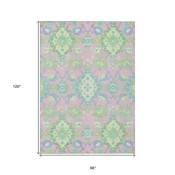 8' X 10' Pink Green And Blue Oriental Washable Indoor Outdoor Area Rug