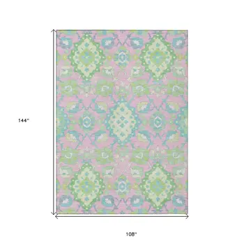 9' X 12' Pink Green And Blue Oriental Washable Indoor Outdoor Area Rug