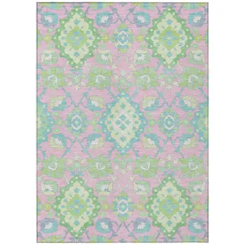 9' X 12' Pink Green And Blue Oriental Washable Indoor Outdoor Area Rug