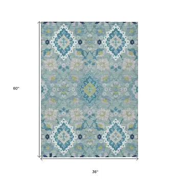 3' X 5' Teal Blue Green And Ivory Oriental Washable Indoor Outdoor Area Rug