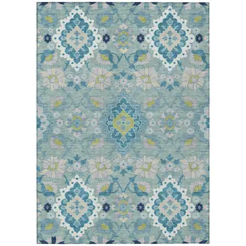 3' X 5' Teal Blue Green And Ivory Oriental Washable Indoor Outdoor Area Rug