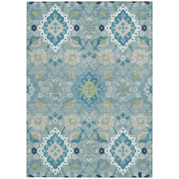 5' X 8' Teal Blue Green And Ivory Oriental Washable Indoor Outdoor Area Rug