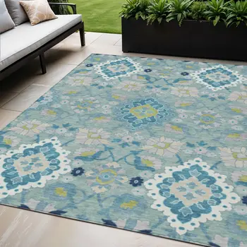 5' X 8' Teal Blue Green And Ivory Oriental Washable Indoor Outdoor Area Rug