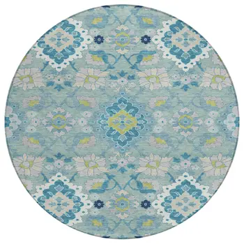 8' Teal Blue Green And Ivory Round Oriental Washable Indoor Outdoor Area Rug