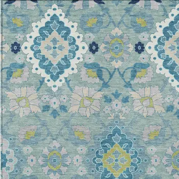 8' X 10' Teal Blue Green And Ivory Oriental Washable Indoor Outdoor Area Rug