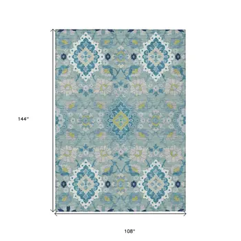 9' X 12' Teal Blue Green And Ivory Oriental Washable Indoor Outdoor Area Rug