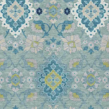 9' X 12' Teal Blue Green And Ivory Oriental Washable Indoor Outdoor Area Rug