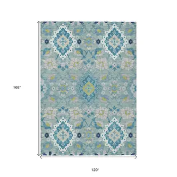 10' X 14' Teal Blue Green And Ivory Oriental Washable Indoor Outdoor Area Rug