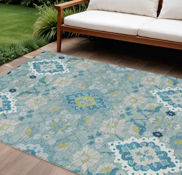 10' X 14' Teal Blue Green And Ivory Oriental Washable Indoor Outdoor Area Rug
