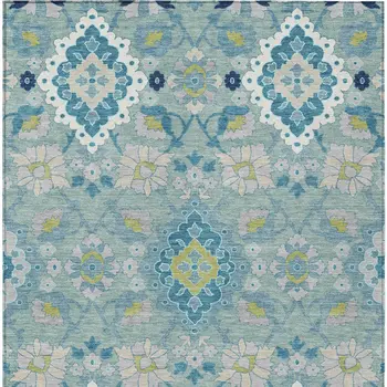 10' X 14' Teal Blue Green And Ivory Oriental Washable Indoor Outdoor Area Rug
