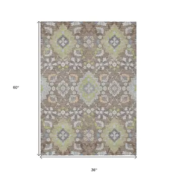3' X 5' Taupe Beige And Green Oriental Washable Indoor Outdoor Area Rug