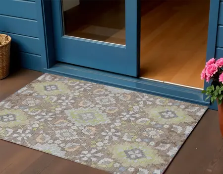 3' X 5' Taupe Beige And Green Oriental Washable Indoor Outdoor Area Rug