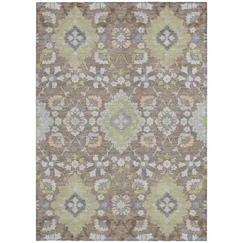 5' X 8' Taupe Beige And Green Oriental Washable Indoor Outdoor Area Rug