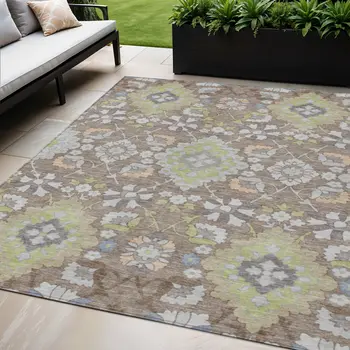 5' X 8' Taupe Beige And Green Oriental Washable Indoor Outdoor Area Rug
