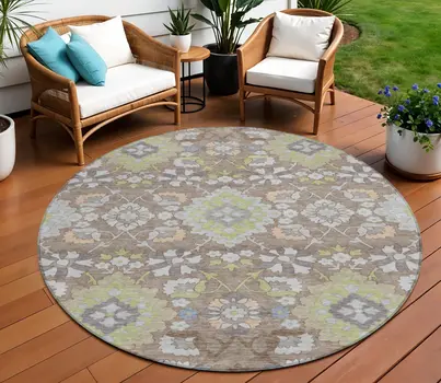 8' Taupe Beige And Green Round Oriental Washable Indoor Outdoor Area Rug