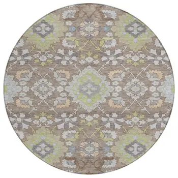 8' Taupe Beige And Green Round Oriental Washable Indoor Outdoor Area Rug