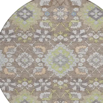 8' Taupe Beige And Green Round Oriental Washable Indoor Outdoor Area Rug