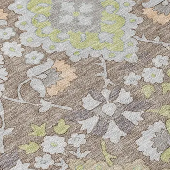 8' Taupe Beige And Green Round Oriental Washable Indoor Outdoor Area Rug