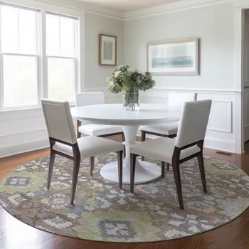 8' Taupe Beige And Green Round Oriental Washable Indoor Outdoor Area Rug
