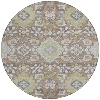 8' Taupe Beige And Green Round Oriental Washable Indoor Outdoor Area Rug