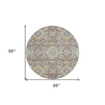 8' Taupe Beige And Green Round Oriental Washable Indoor Outdoor Area Rug