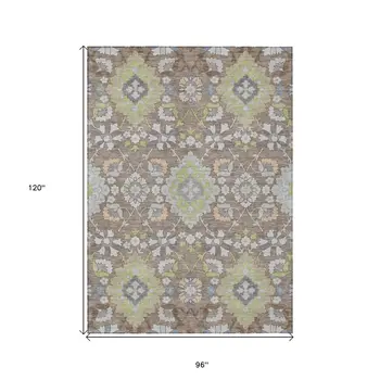 8' X 10' Taupe Beige And Green Oriental Washable Indoor Outdoor Area Rug