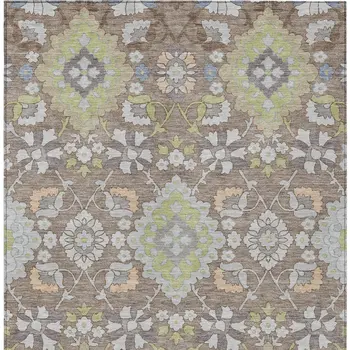 8' X 10' Taupe Beige And Green Oriental Washable Indoor Outdoor Area Rug