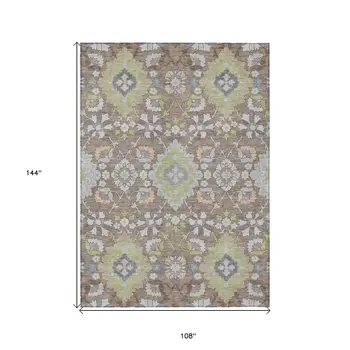 9' X 12' Taupe Beige And Green Oriental Washable Indoor Outdoor Area Rug