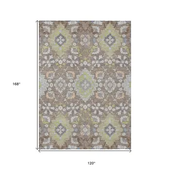 10' X 14' Taupe Beige And Green Oriental Washable Indoor Outdoor Area Rug