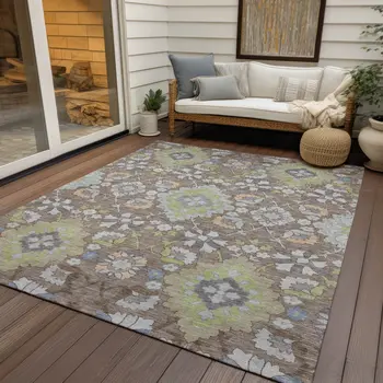 10' X 14' Taupe Beige And Green Oriental Washable Indoor Outdoor Area Rug