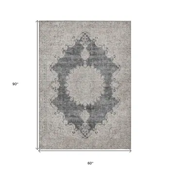 5' X 8' Black And Ivory Oriental Washable Indoor Outdoor Area Rug