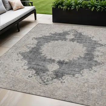 5' X 8' Black And Ivory Oriental Washable Indoor Outdoor Area Rug